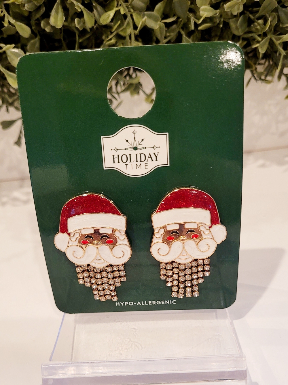 Holiday Time Studded Red and White Santa Face Earrings with Rhinestone Beard